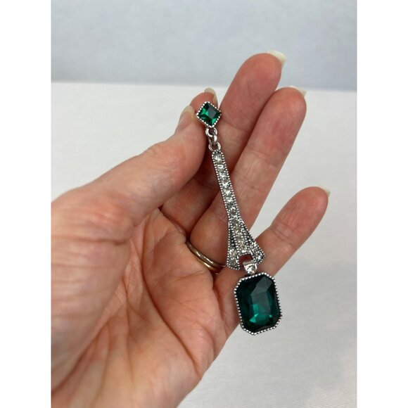 Vintage Style Emerald Green Rhinestone Drop Earrings Pierced Silver Tone Metal 3 - Picture 2 of 6